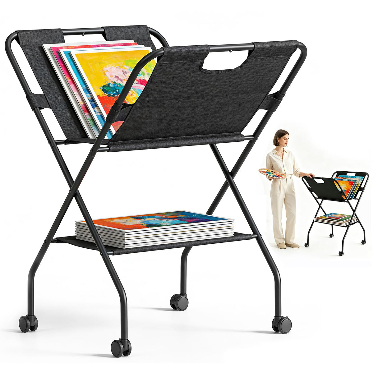 Folding Canvas Art Print Storage Rack with Caster Wheels V242