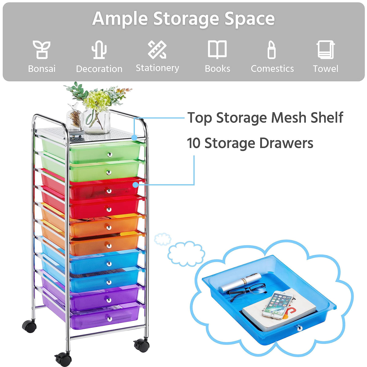10 Drawer Rolling Storage Cart with Wheels B6278