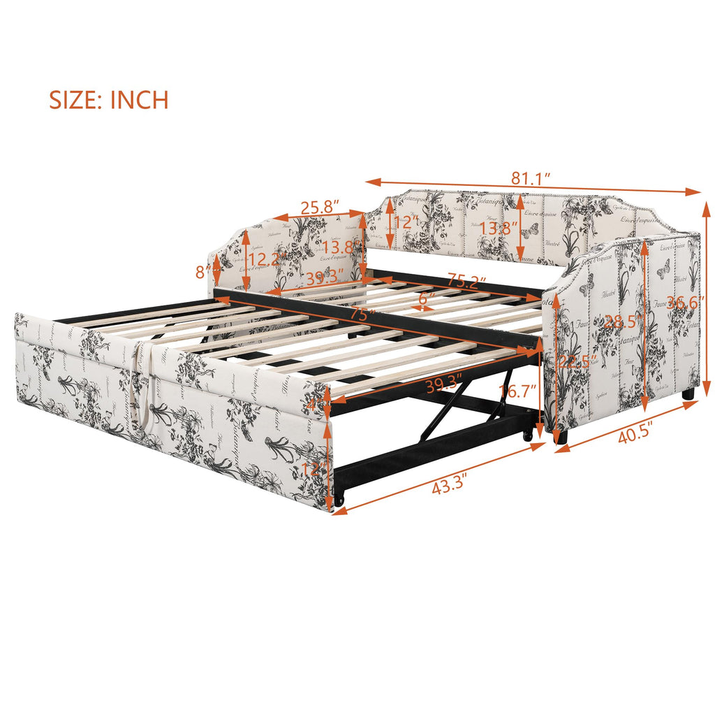 White Linen Upholstered Twin Size Daybed with Pop-Up Trundle H289