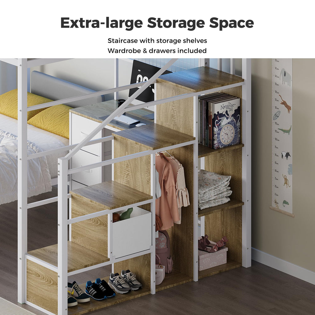 Full Over Twin L-Shaped Metal Loft Bunk Bed with Desk, Stairs, Drawers, Shelves, Charging Station and LED Light I289