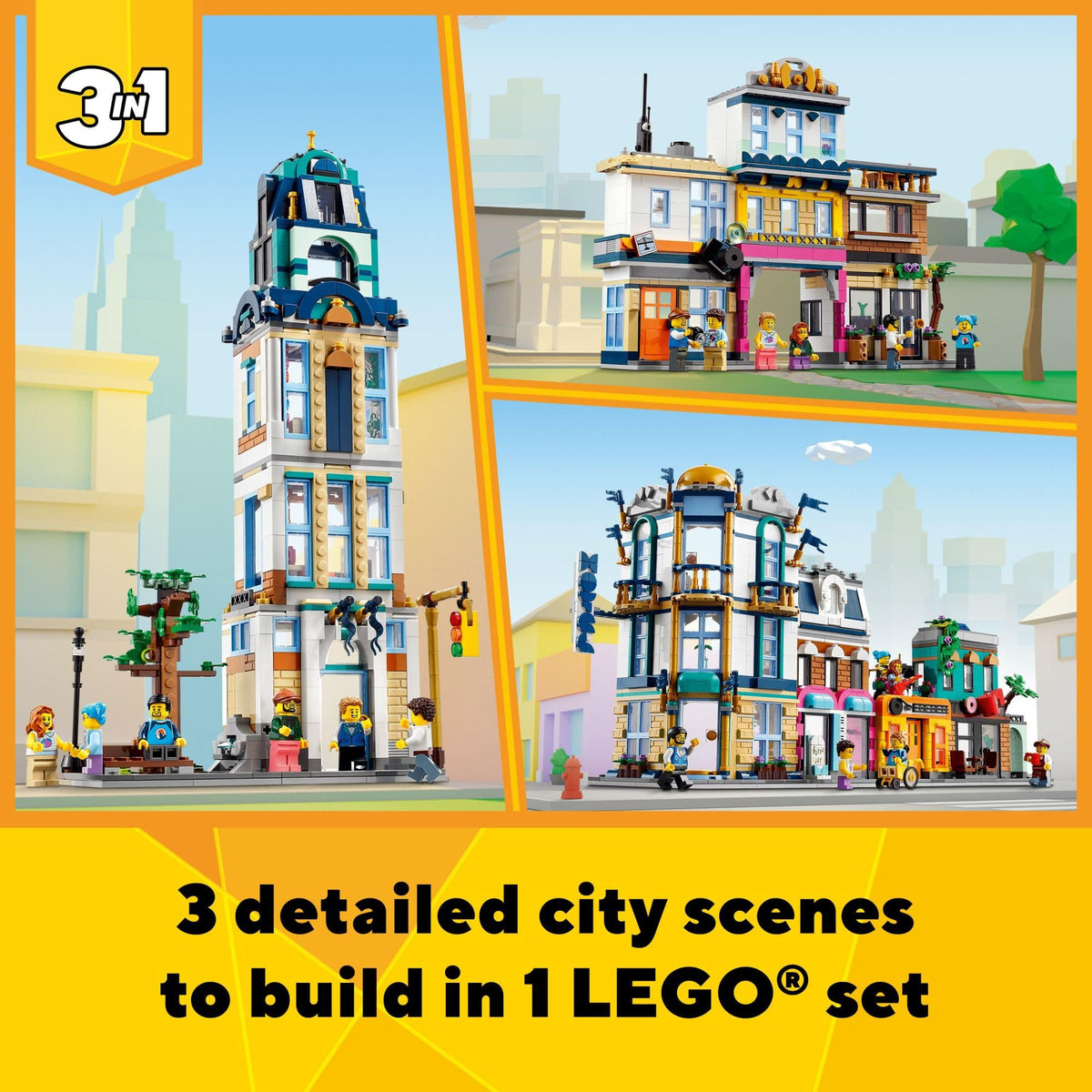Building Toy Set, 3 in 1 City Art Deco Building, Market Street Hotel, Café Music Store and 6 Minifigures I3789