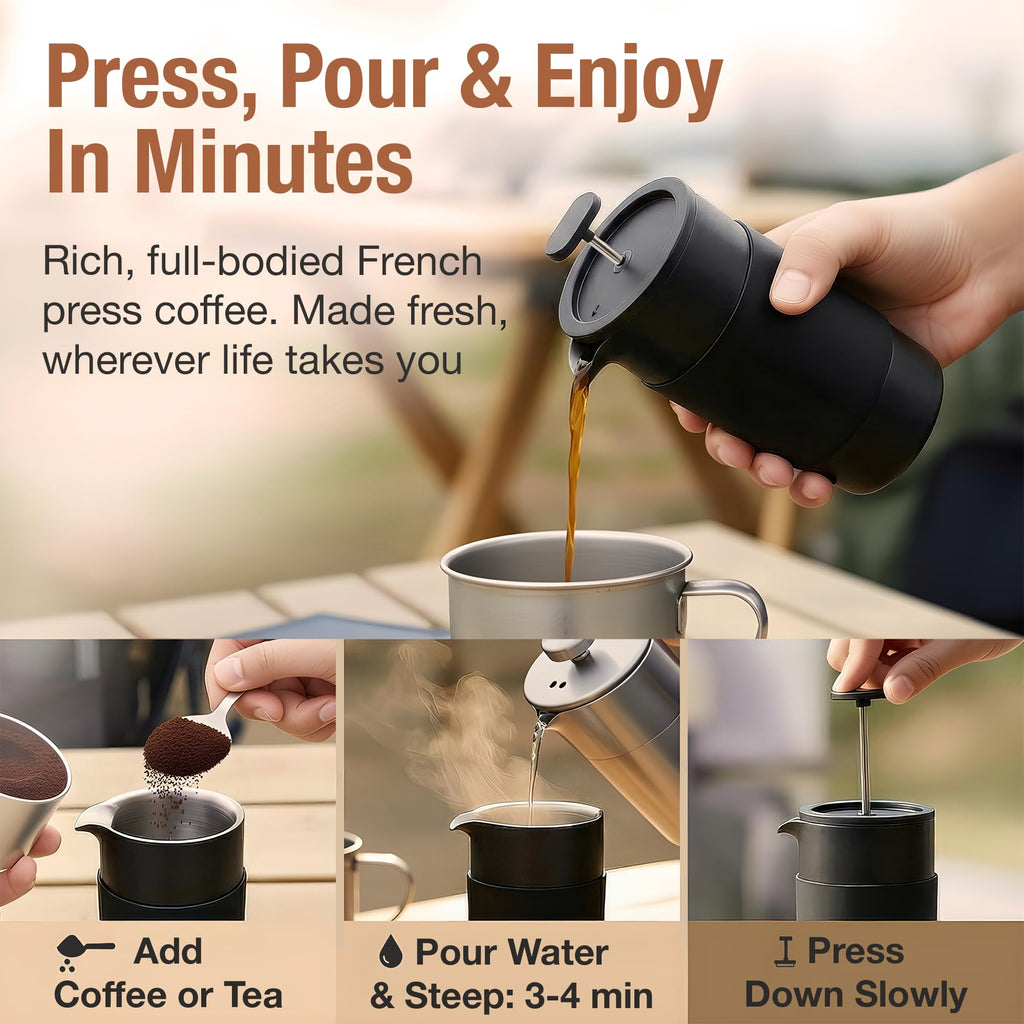 12 oz Double Wall Insulated Travel French Press Coffee Maker Set F834