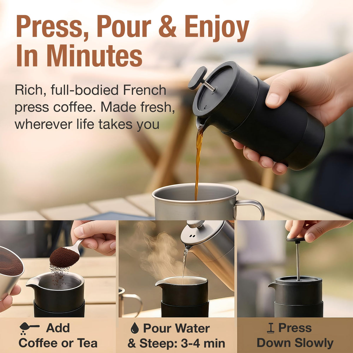 12 oz Double Wall Insulated Travel French Press Coffee Maker Set F834
