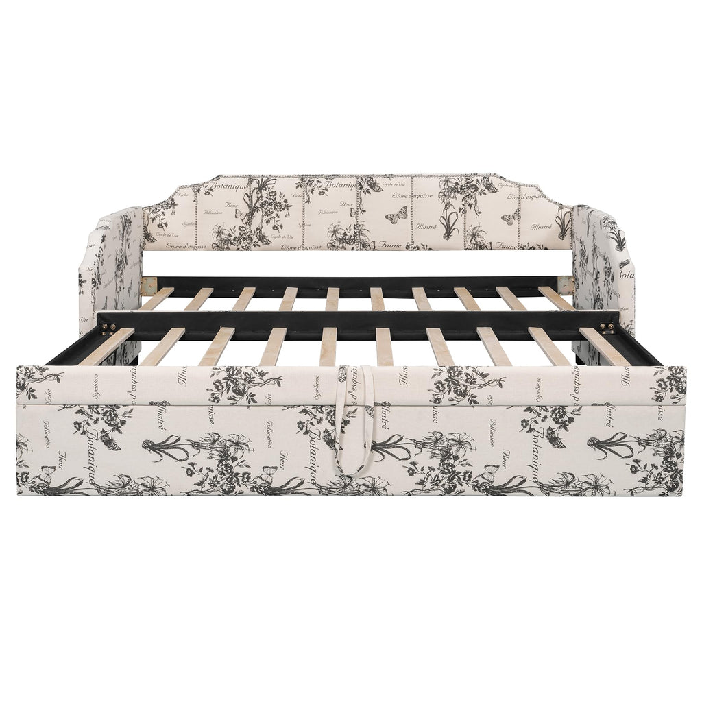 White Linen Upholstered Twin Size Daybed with Pop-Up Trundle H289