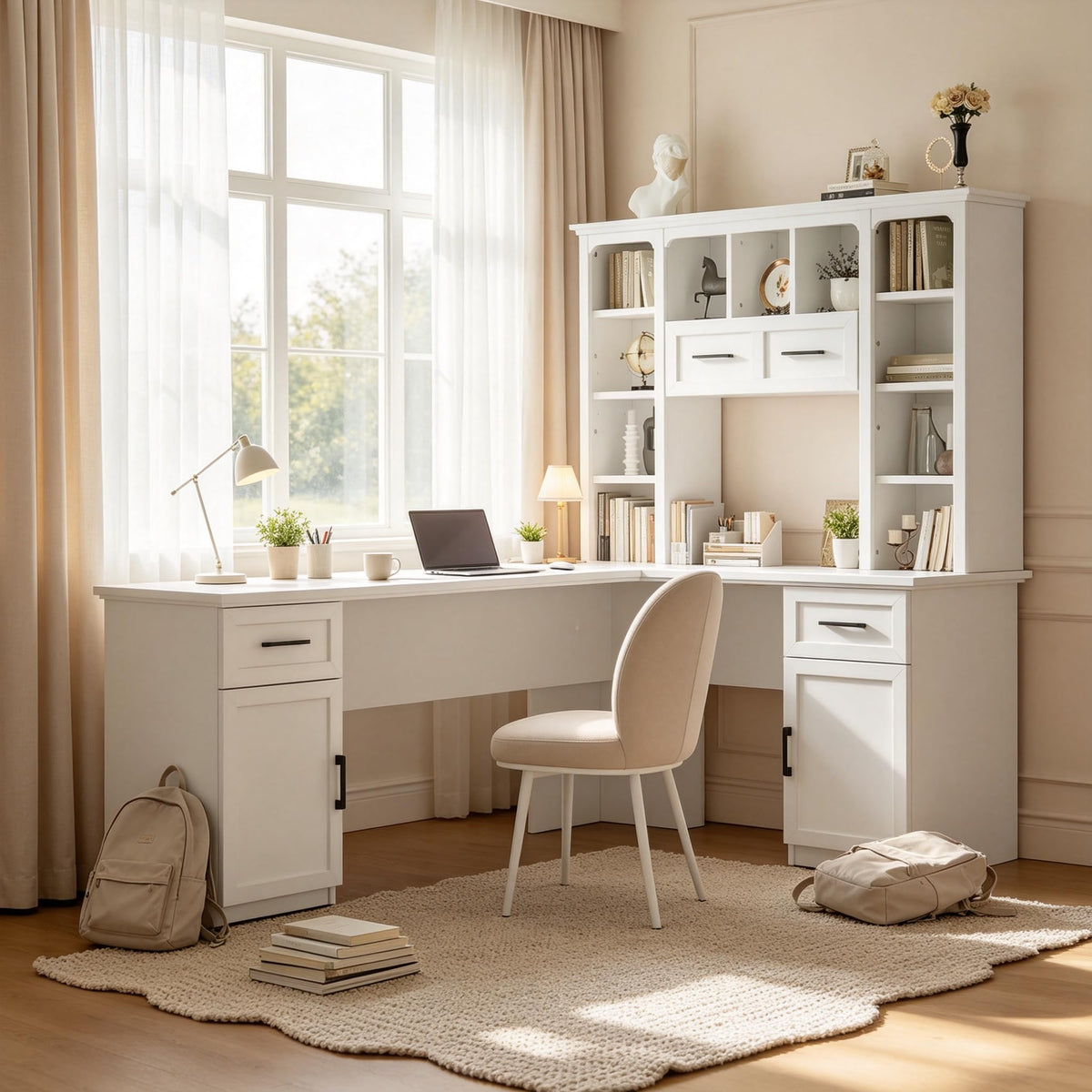 65 Inch White L Shaped Computer Desk with Hutch and Drawers T3293