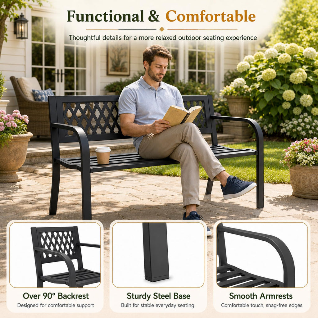 47" Black Outdoor Bench with Backrest B1702