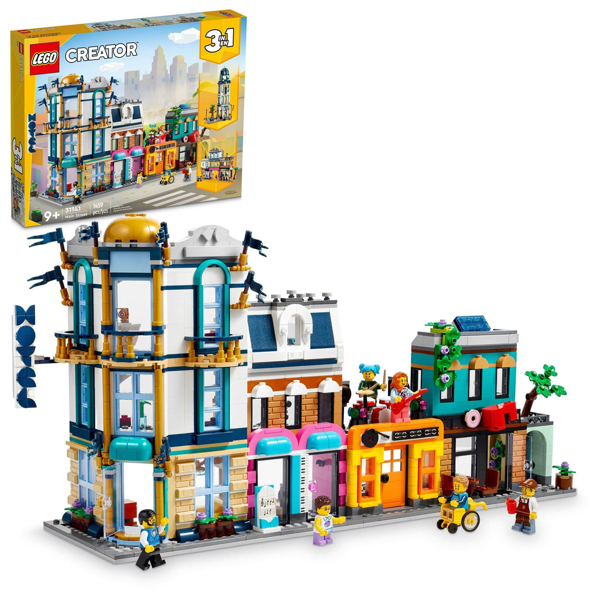 Building Toy Set, 3 in 1 City Art Deco Building, Market Street Hotel, Café Music Store and 6 Minifigures I3789