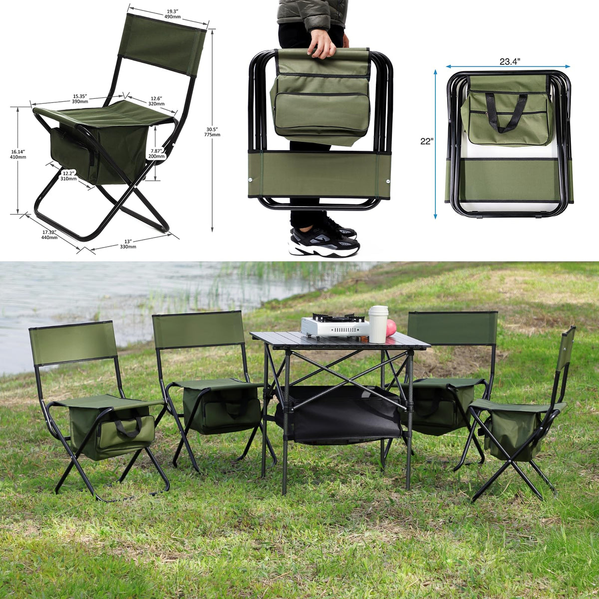 Folding Camping Chair with Storage Bag, 2 Pack, Green U6955