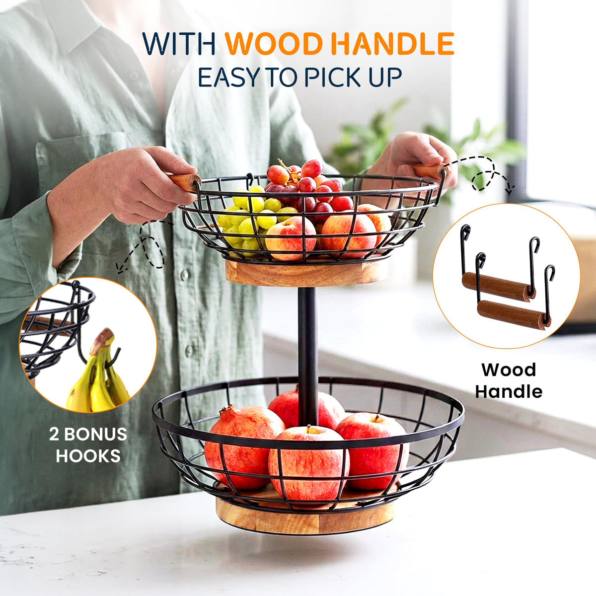 2 Tier Metal Fruit Basket with Banana Hanger U34834