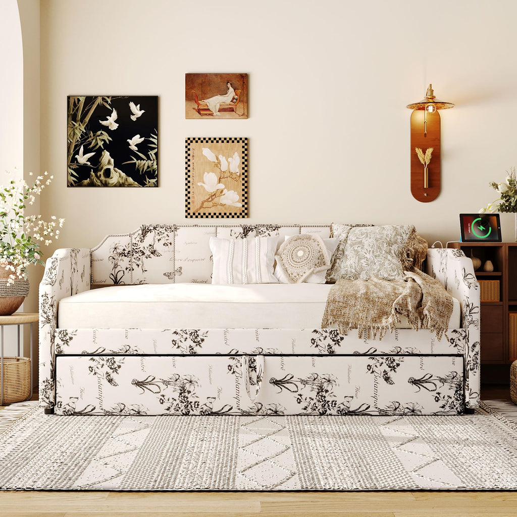 White Linen Upholstered Twin Size Daybed with Pop-Up Trundle H289