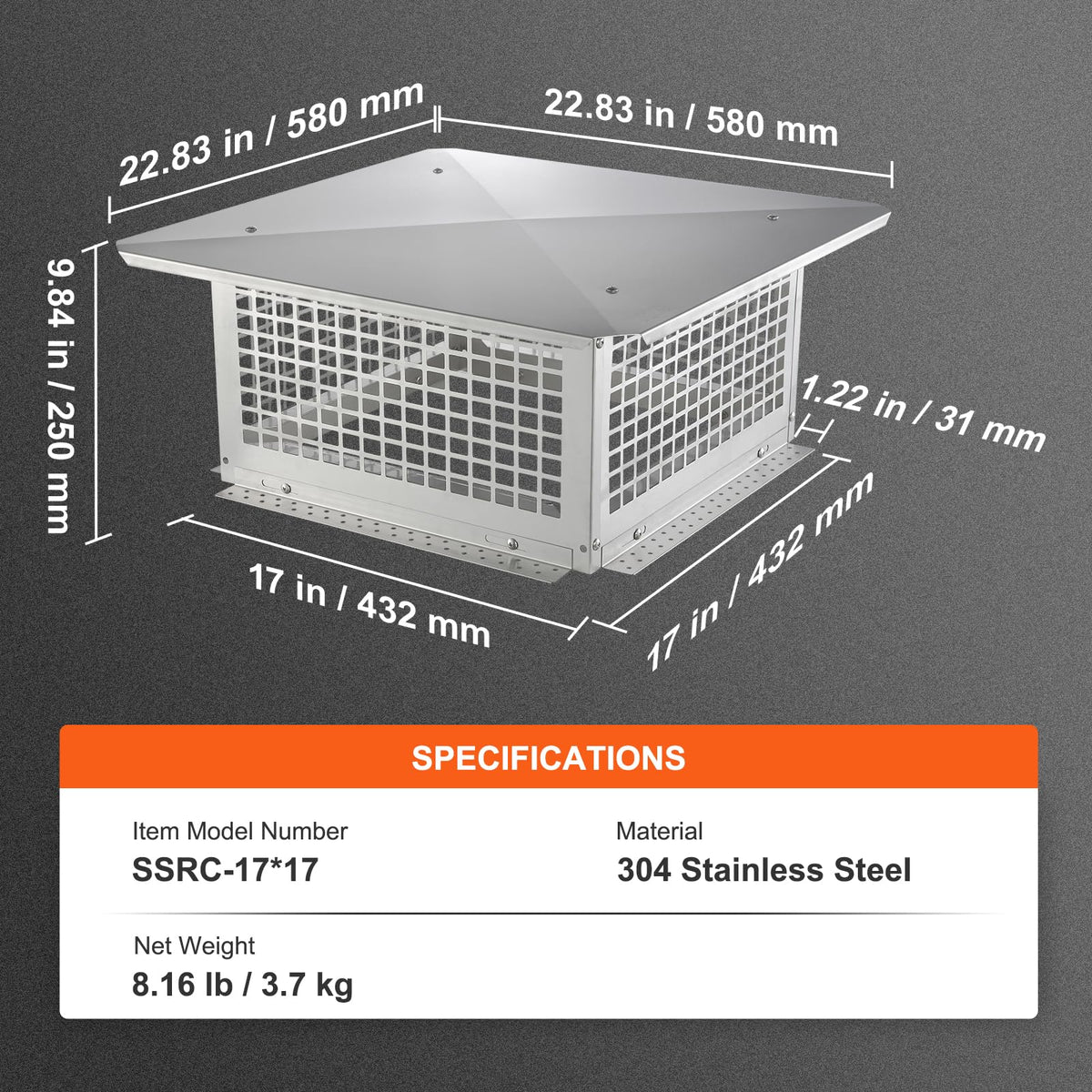 17x17 inch 304 Stainless Steel Chimney Cap G85238