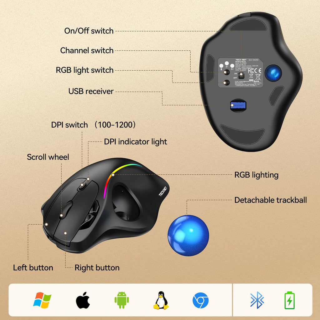 Wireless Bluetooth Ergonomic Trackball Mouse Q780