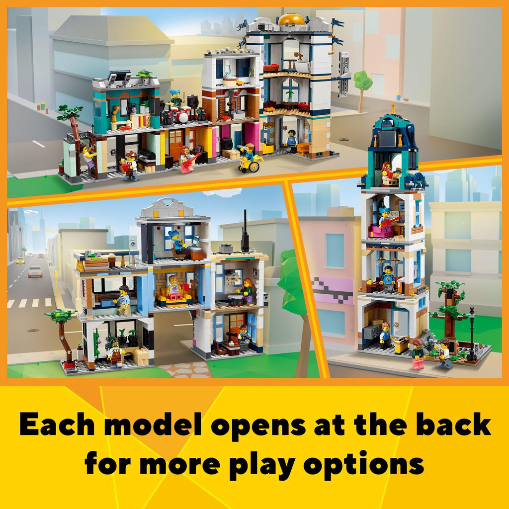 Building Toy Set, 3 in 1 City Art Deco Building, Market Street Hotel, Café Music Store and 6 Minifigures I3789