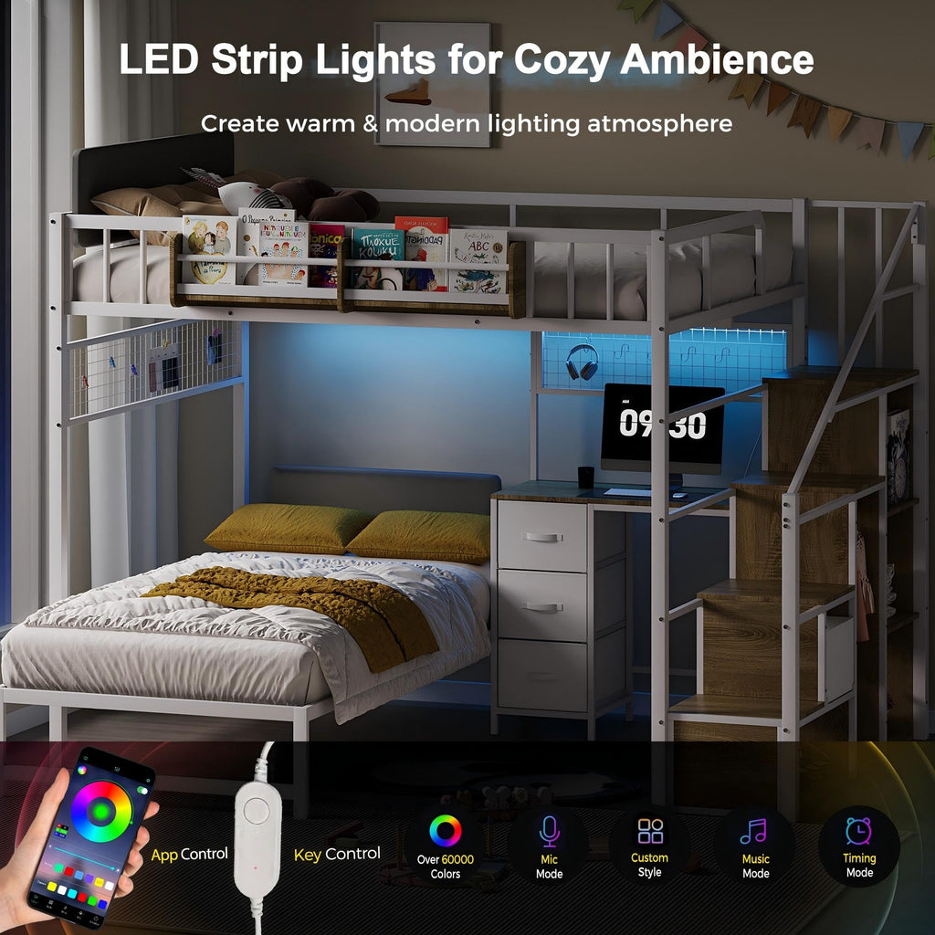 Full Over Twin L-Shaped Metal Loft Bunk Bed with Desk, Stairs, Drawers, Shelves, Charging Station and LED Light I289