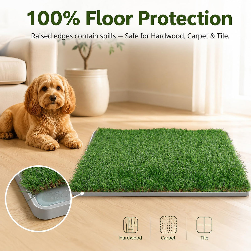Dog Grass Pad with Tray 20" x 24" Artificial Grass Pee Pads with Non-Slip Grey Silicone Tray & 2 Replacement Grass Mats W569781