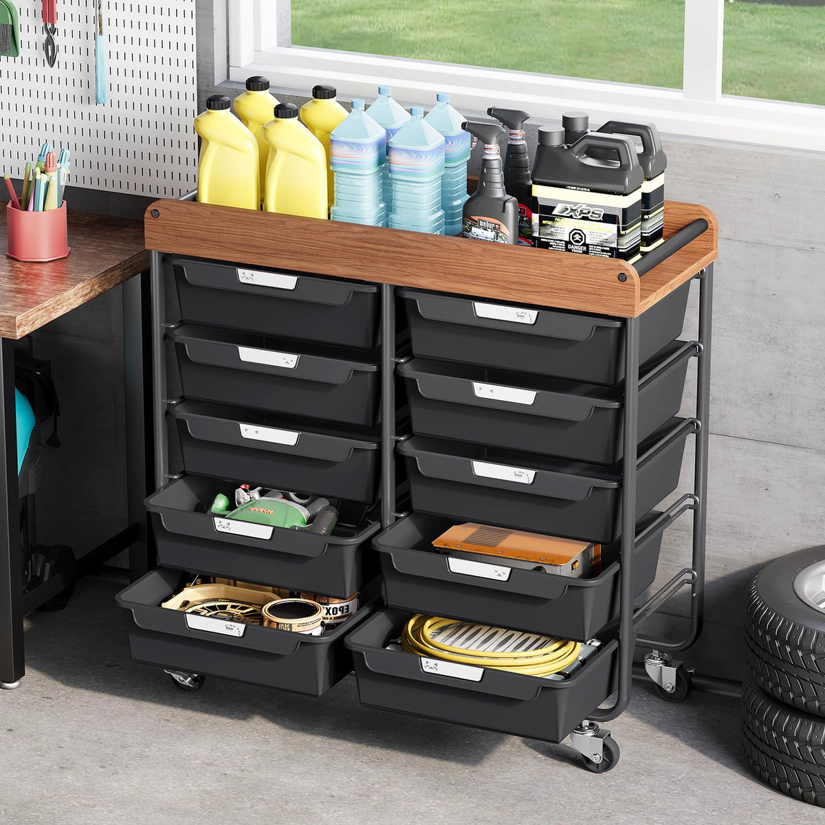 10 Drawer Rolling Storage Cart with Wooden Tabletop K55380