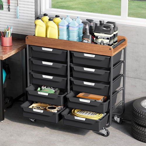 10 Drawer Rolling Storage Cart with Wooden Tabletop K55380