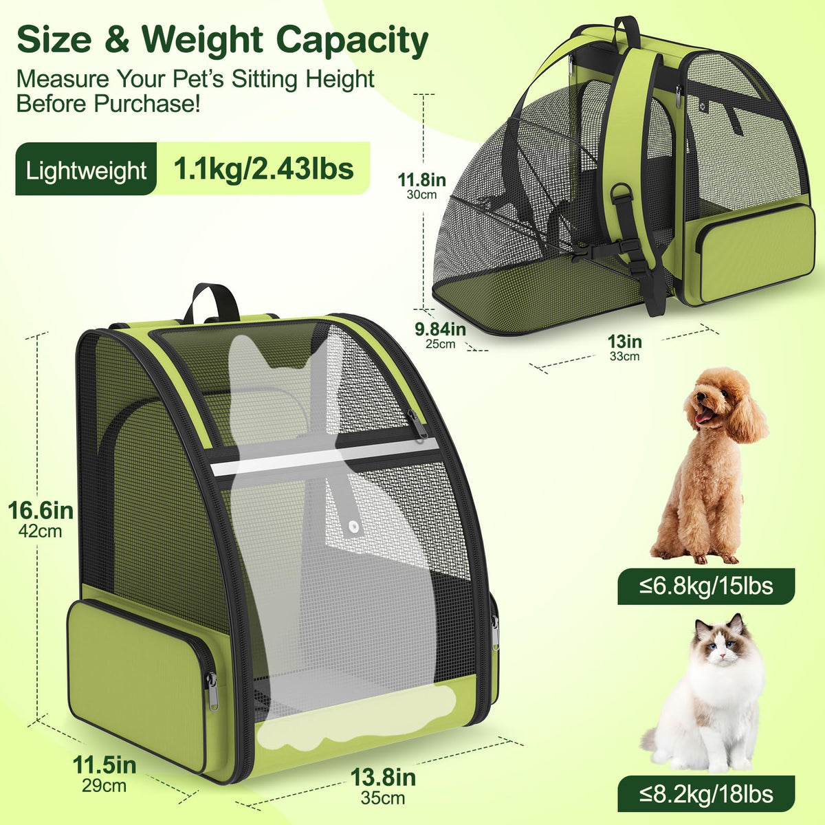 Green Expandable Breathable Mesh Cat Backpack Carrier Z691
