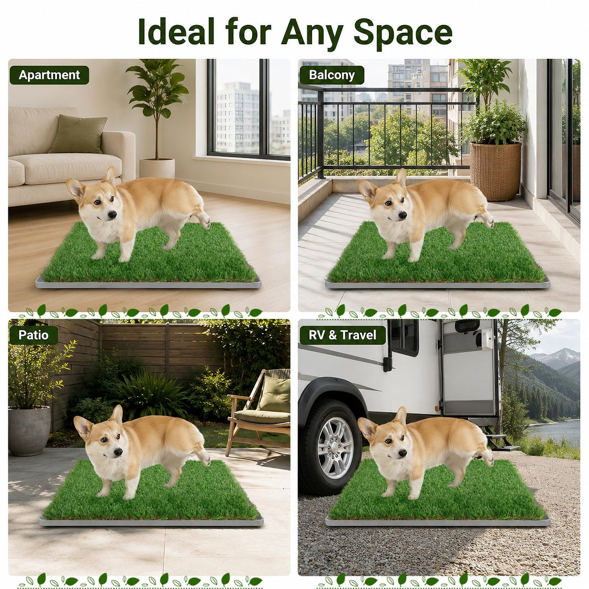 Dog Grass Pad with Tray 20" x 24" Artificial Grass Pee Pads with Non-Slip Grey Silicone Tray & 2 Replacement Grass Mats W569781