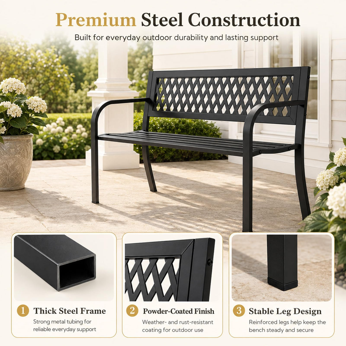 47" Black Outdoor Bench with Backrest B1702