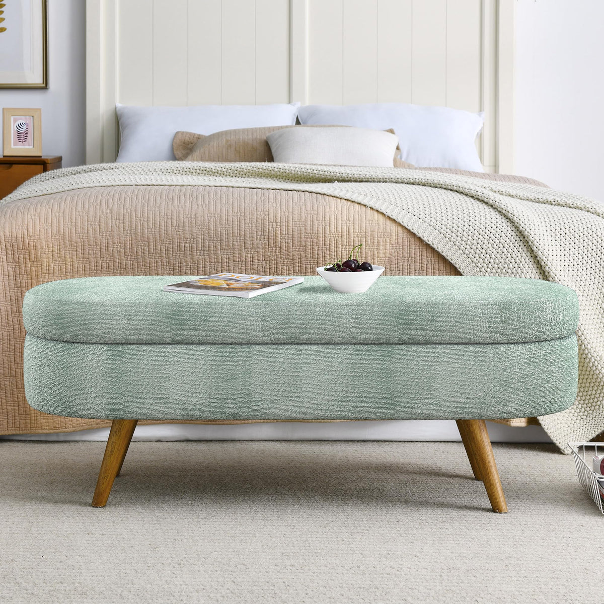 Cream Oval Boucle Storage Ottoman with Wooden Legs W7001