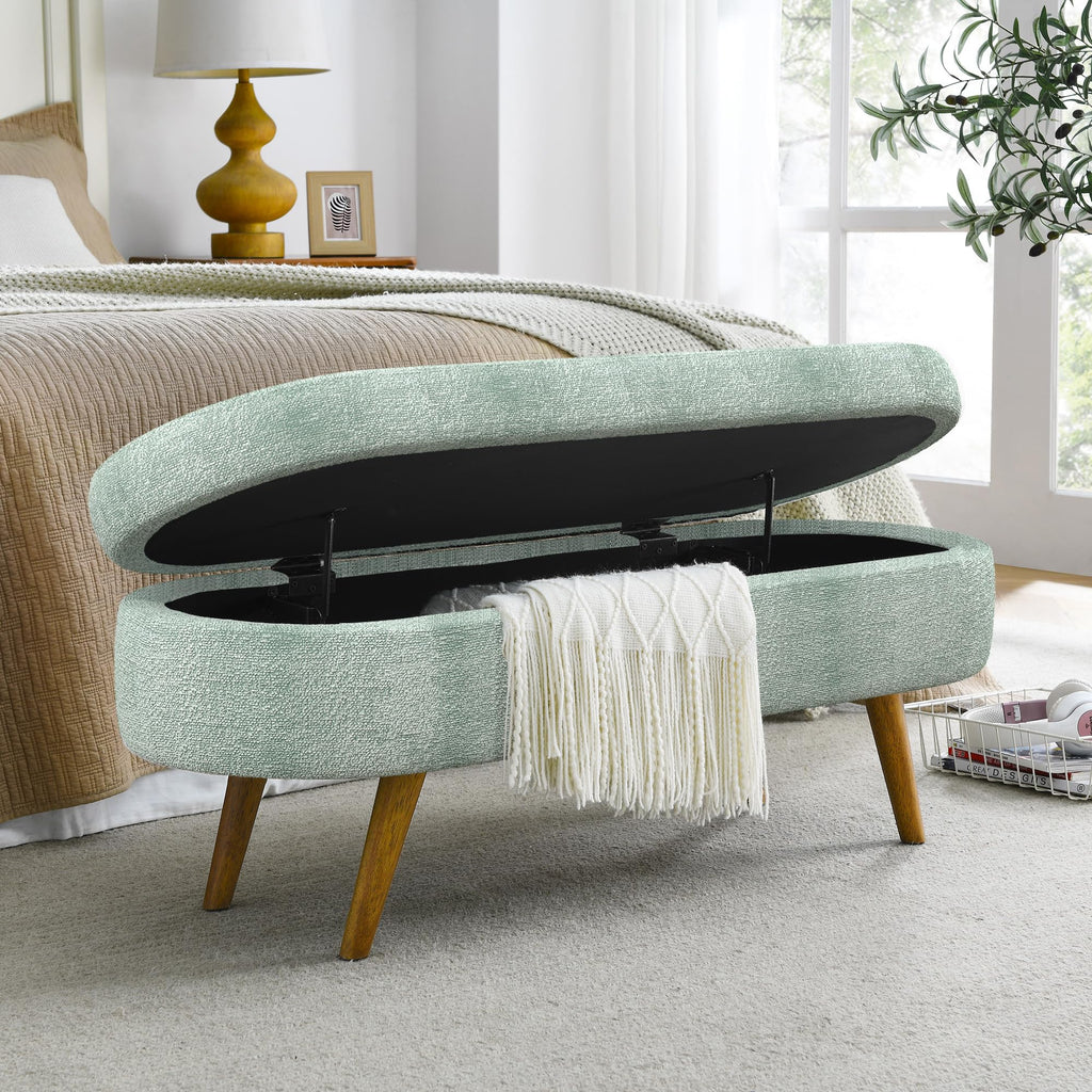 Cream Oval Boucle Storage Ottoman with Wooden Legs W7001