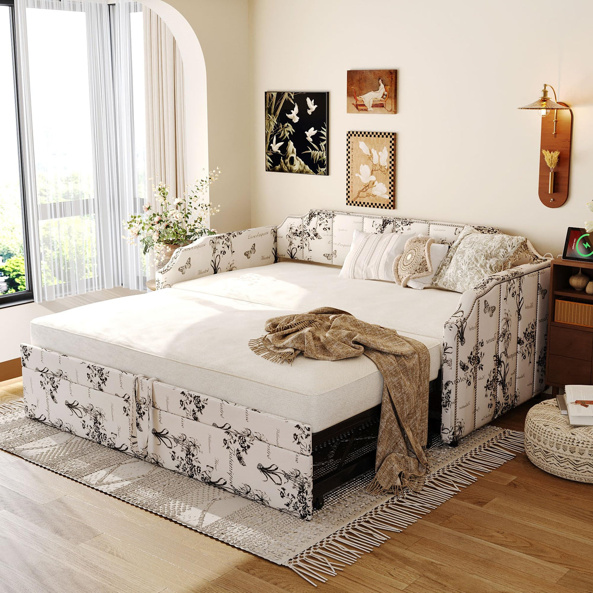 White Linen Upholstered Twin Size Daybed with Pop-Up Trundle H289