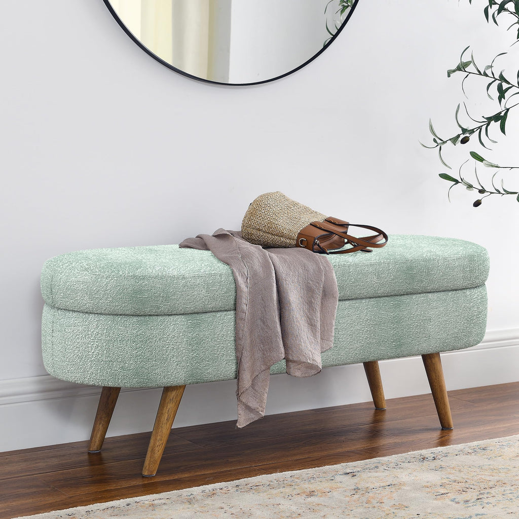 Cream Oval Boucle Storage Ottoman with Wooden Legs W7001